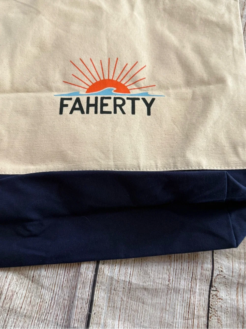 Faherty canvas reusable tote beige navy logo graphic 15.5 in x 14.5 in